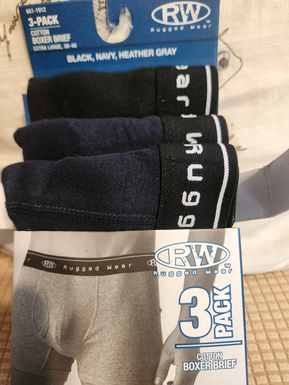 Rugged Wear Men's 3-Pack Cotton Boxer Briefs - Black, Navy, Heather Gray SIZE XL